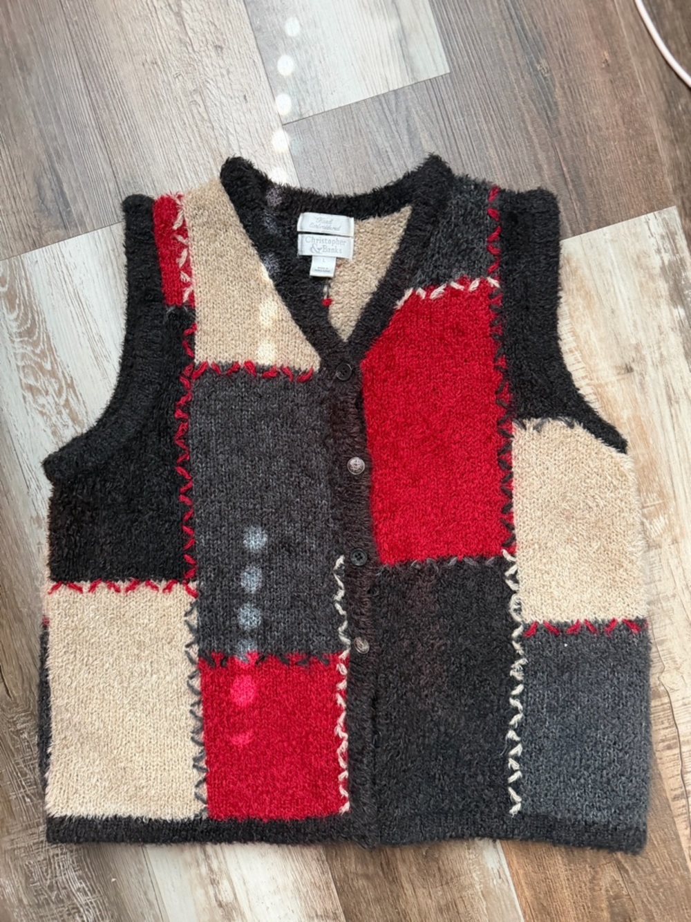 Christopher & Banks Patchwork V-Neck Button Vest in Red, Black & Cream